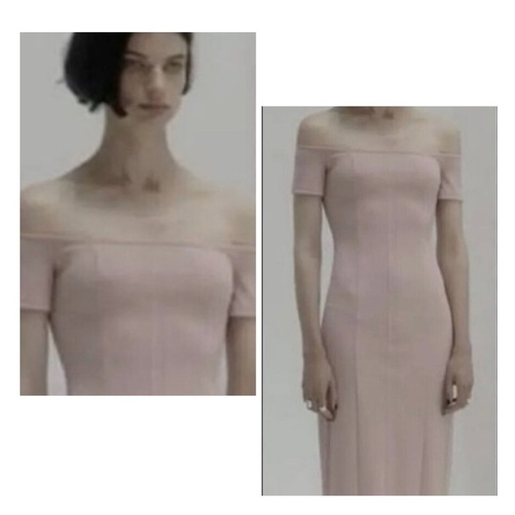 Zara Off the Shoulder Bodycon Midi Dress XSMALL Baby Light Pink Topstitched - Picture 3 of 15